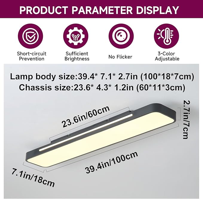 Modern LED Ceiling Light with Remote, 54W Dimmable Linear Black Flush Mount Light Fixture, 39.4'' Low Profile Light Fixture Long LED Ceiling Lamp for Bedroom Living Room Hallway Kitchen