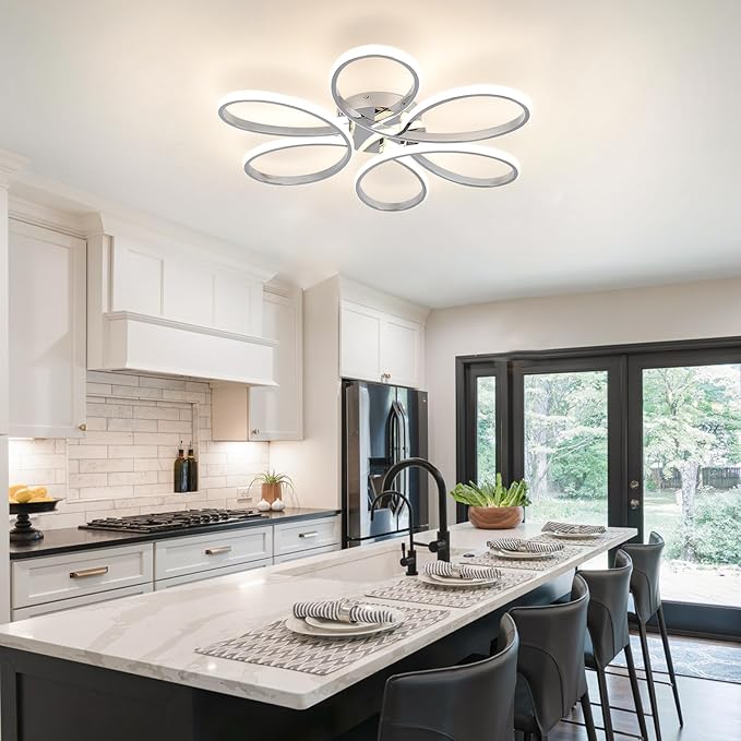 26inch Modern LED Ceiling Light, 6 Rings Flower Flush Mount Light Fixture with Remote Control Chrome Dimmable Ceiling Lamp for Living Room, Bedroom, Dining Room, Hallway, Kitchen