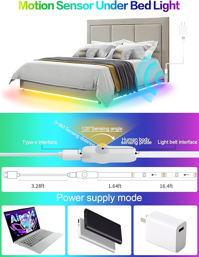 Motion Activated LED Light Strip, 16.4FT Motion Sensor LED Light Indoor with APP Control, Under Bed Lights Motion Sensor with 5V USB Powered, Suitable for Bed Cabinet Staircase Bedroom