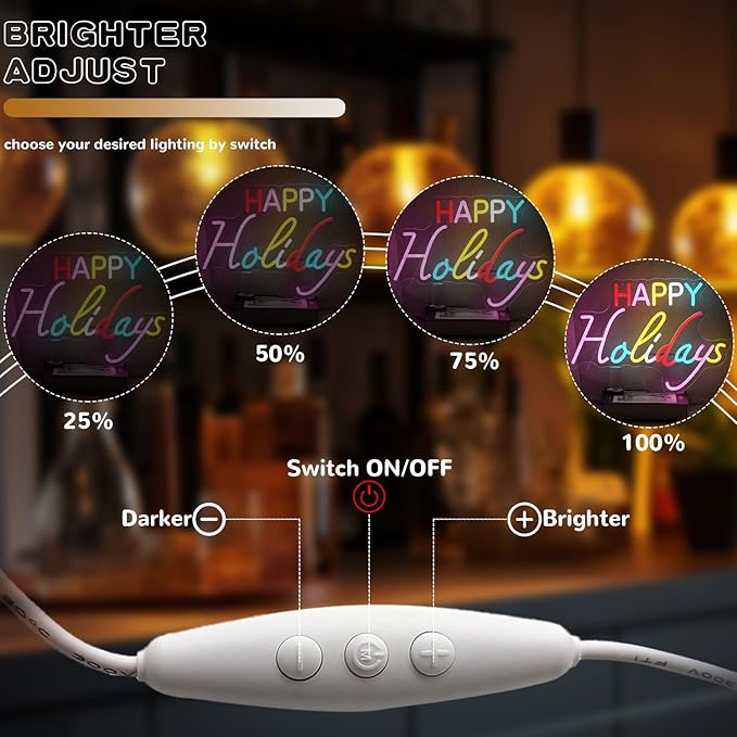 Happy Holidays Neon Sign for Wall Decor, Colorful Letter Neon Light, Dimmable Holiday LED Light Up Sign for New Year Party, Home Bar, Living Room, Wall Decorations