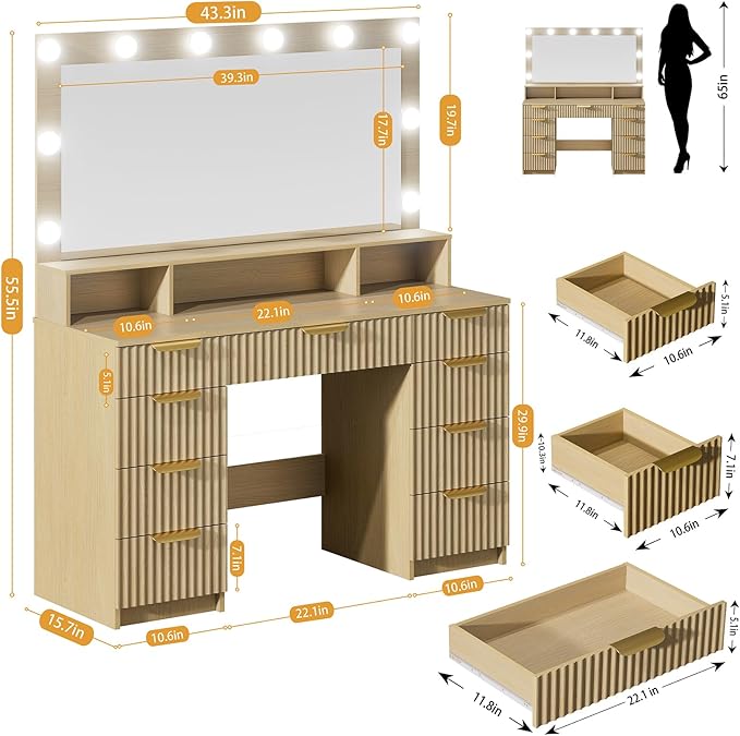 Fluted Vanity Desk with Mirror and Lights, Modern Make up Vanity Dressing Table with 9 Drawers & Large Mirror, Large Vanity Desk with Charging Station for Girls, Women, Bedroom, Natural Oak