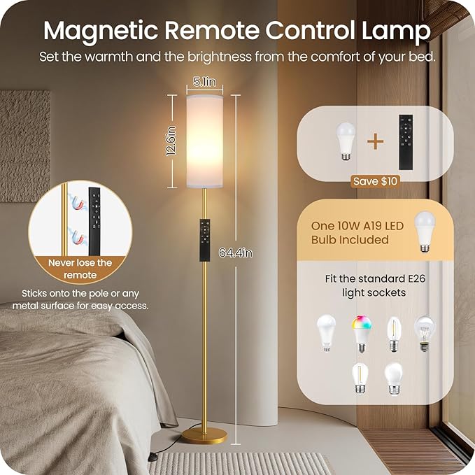 Set of 2 Dimmable Floor Lamps for Living Room with 2 Remotes and Foot Switch, 64.4”Modern Standing Lamp, Corner Lamp for Bedroom, Bulb Included, 3000K-6500K, White and Gold DCW06LDP205W1
