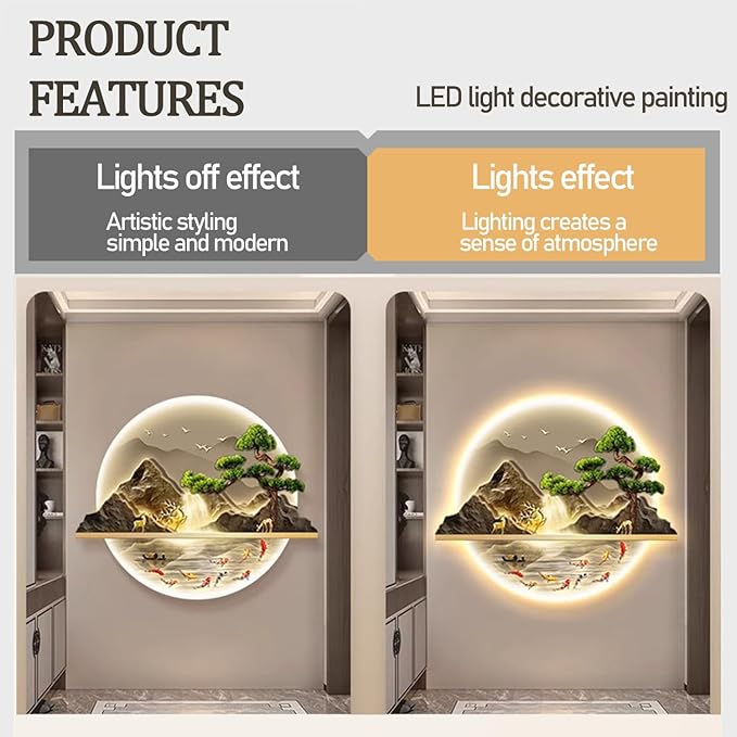 B,50 * 60cm, Mountain Tree Wall Art with Led Light, Zen Wall Art Decor, Luminous Wall Sculptures Painting, for Study Room, Dining Room, Living Room, Tea Room