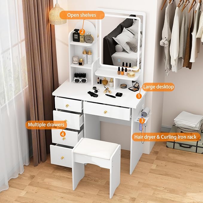 FUFU&GAGA Vanity Set with Rectangular Mirror, Makeup Vanity Dressing Table with 5 Drawers, Shelves, Power Outlet & Hair Dryer Holder, Dresser Desk and Cushioned Stool Set (White/Lighted Mirror)