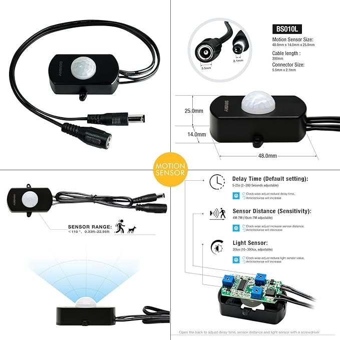 Sensky Motion Sensor LED Strip Light Under Cabinet Lighting Kit, LED Strip Light with Motion Sensor, FCC Listed Power Adapter for Gun Safe Light, Shelf, TV Wall Lighting (8.2FT,6000K)