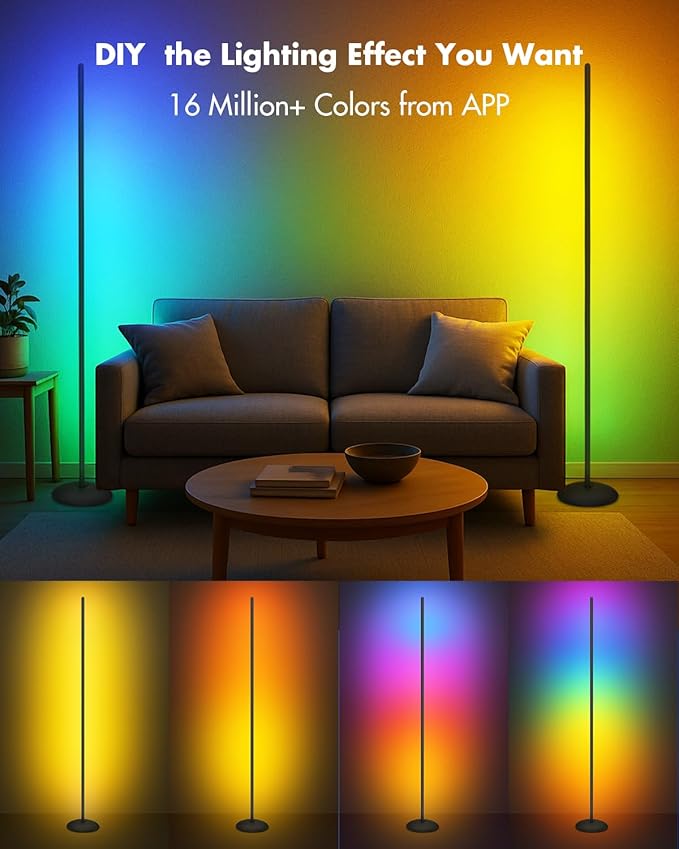 LED Corner Floor Lamp, 2-Pack Smart RGB Corner Lamp with APP & Remote Control, Floor Lamp Dimmable with 16 Million Colors, Music Sync, Standing Lamps for Living Room, Bedroom