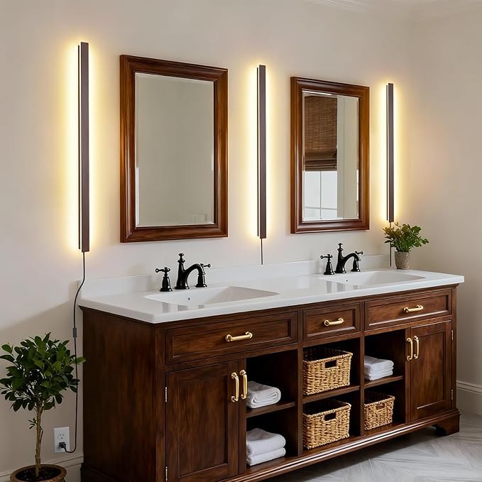 Farmhouse Plug in Long Wall Sconce, 39.3" Faux Walnut Finish LED Wall Lights, 20W Warm White 3000K Acrylic Indoor Wall lamp, with 59" Plug Cable for Bedroom, Living Room, Hallway