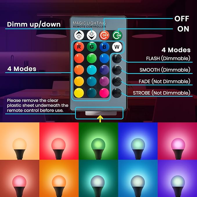 Color Changing Light Bulb, RGB LED Light Bulb, Dimmable A19 5W 6500K, E26 Colored Light Bulbs, Multicolor Light Bulb for Party Bedroom Home, 16 Color Choices - Remote Control