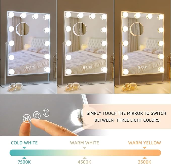 FENCHILIN Lighted Vanity Makeup Mirror with Lights Hollywood Mirror Desk Mirror with Bulbs Light Smart Touch Control 3Colors Dimmable Light Detachable 10X Magnification 360°Rotation
