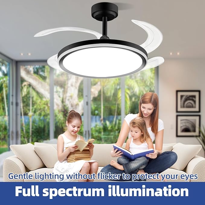 BAYSQUIRREL Slim Retractable Ceiling Fan with Light and APP/Remote Control, 42in Modern Smart RGB Ceiling Fan with Bluetooth Speaker, Dimmable Full Spectrum with Memory, 6-Speed Reversible Fan, Black