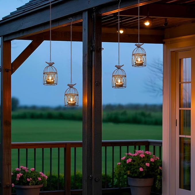Solar Lanterns Outdoor Waterproof, Rust Iron Cage Candle Holder with Flickering Solar Powered Tea Lights, Hanging Solar Lights for Outside Tree Backyard Patio Garden Fence Decoration-4Pack