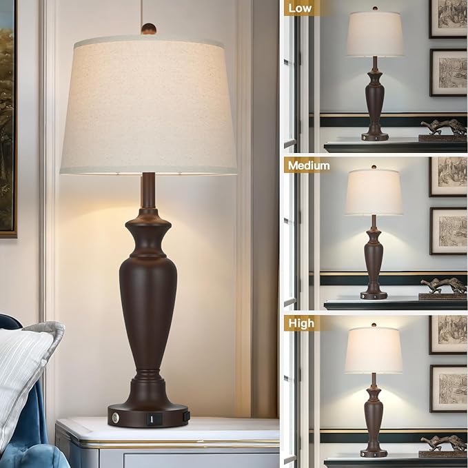 30" Tall Brown Table Lamp for Living Room, 3-Way Dimmable Touch Control Bedside Lamp for Bedroom Nightstand with USB A+C Ports & AC Outlet (1 Pack)