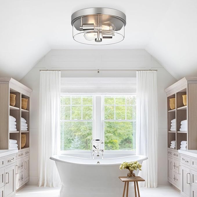 Flush Mount Ceiling Light Fixtures, 2-Light 12 Inch Brushed Nickel Close to Ceiling Light Fixtures with Clear Glass Shade Ceiling Light Fixture for Porch, Hallway, Bathroom, Dining Room and