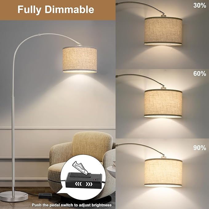 Floor Lamp for Living Room, Dimmable Arc Floor Lamp with Adjustable Head, Silver Finish Modern Pole Lamp, Over Couch Tall Standing Hanging Lights for Reading, Bedroom, Office, 9W 3000K Bulb Included