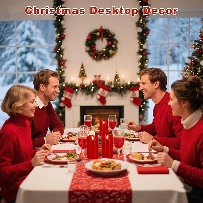 VEEKI Flameless Candles Light, Set of 2 6"x3" Flickering Christmas Flameless Candles with Remote & Timer, Dimmable Real Wax Pillar Candles Battery Operated, Red Candles for Home Xmas Decor (Red)