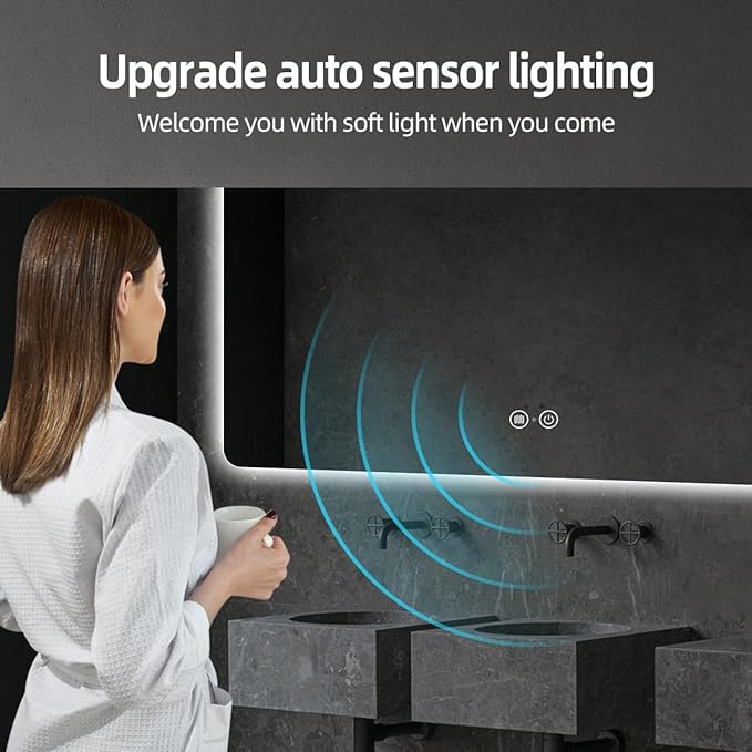 LED Bathroom Mirror with Lights, 32"x24" Smart Backlit Mirror with Auto Sensor Light, Anti-Fog, Wall-Mounted HD Mirror, Shatter-Proof, 3-Color Stepless Dimmable, Memory, UL-Listed