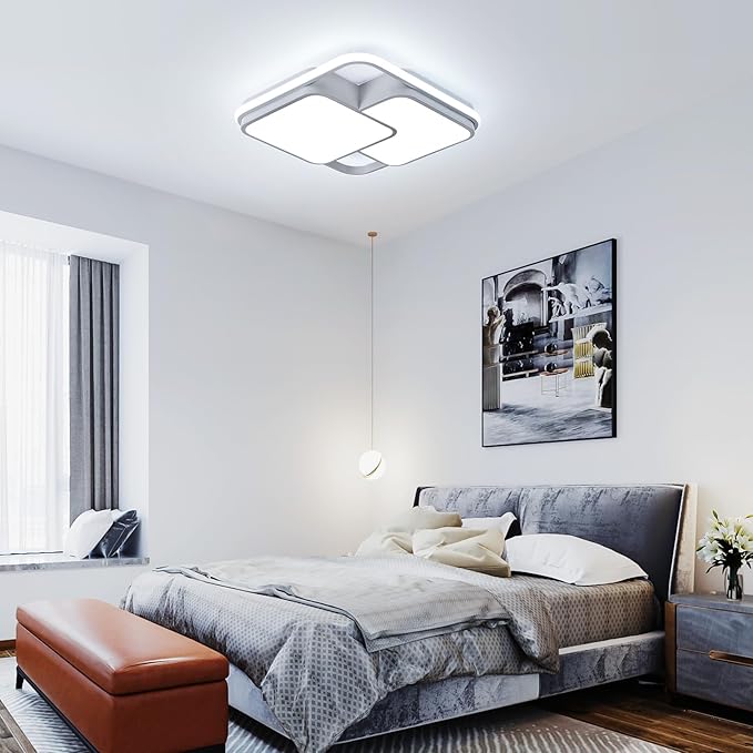 Square LED Ceiling Light with Remote, 60W Dimmable Flush Mount Ceilings Light Fixtures, Modern Light Fixtures Ceiling Lamp LED Chandelier for Bedroom Living Room Kitchen, White/15.7in