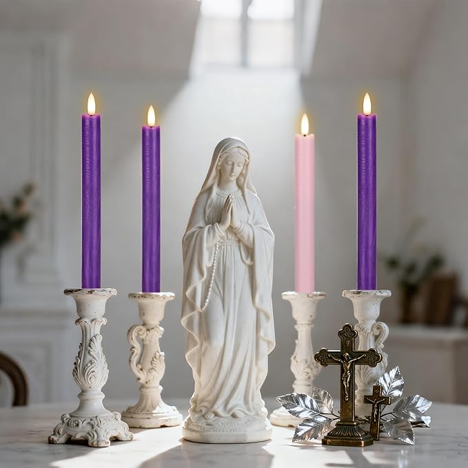 Flameless Advent Candles Set of 4, Real Wax Advent Taper Candles Battery Operated 9.6", Purple and Pink Christmas Candlesticks for Wreath, Christ, Home, Church, Catholic Decoration