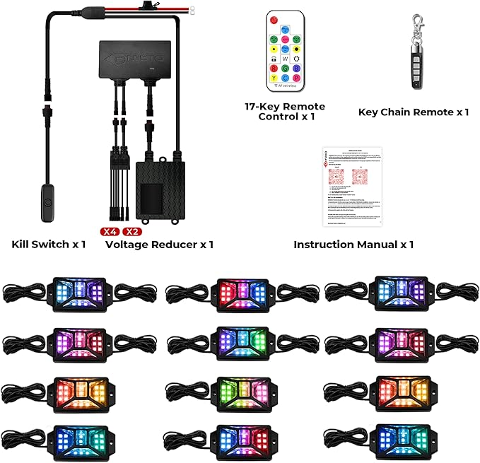 12PCS 12V-72V Golf Cart Lights, RGB Led Underglow Light Kit with 2 Remotes and App Control, Voltage Converter, Waterproof, Sound Active, Battery Drain Protect Kill Switch Golf Cart Underglow Lights