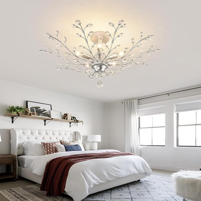 CVKASH 5-Light Vintage Small Crystal Chandelier Modern Silver Branche Ceiling Light Fixture Farmhouse for Kitchen Dining Room Living Room Bedroom Hallway Foyer