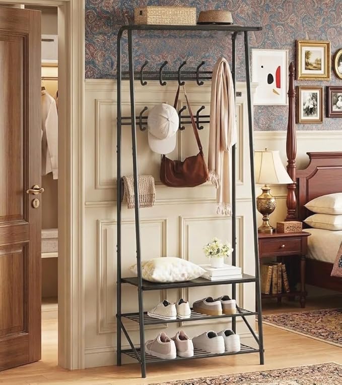 OUTLANE Entryway Hall Tree with 10 Hooks, Shoe Bench & Storage Shelf, Coat Rack Organizer with Wood Accents and Metal Frame for Entryway, Living Room, Bedroom, Black -Double row
