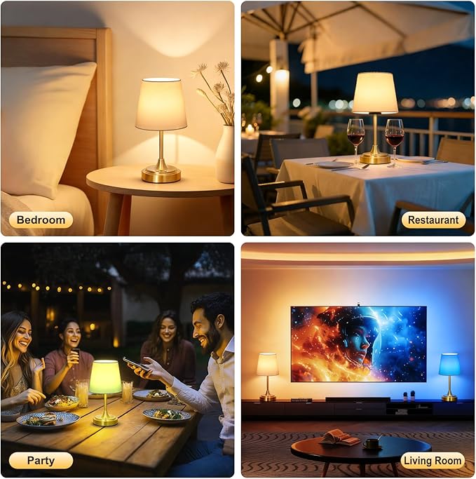 Small Cordless Table Lamp Rechargeable,5000mAh Battery Operated Desk Lamp,3 Colors & 7 RGB Stepless Dimmable,Touch Ambient Light for Bedside,Bedroom,Dining Room,Living Room,Gold,WhiteShade