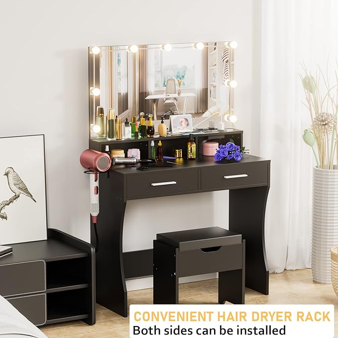 Makeup Vanity with Lighted Mirror & Outlet Charging Station, Vanity Set Makeup Table with Hair Dryer Holder, 3 Lighting Colors, Brightness Adjustable, 31.5in(W)