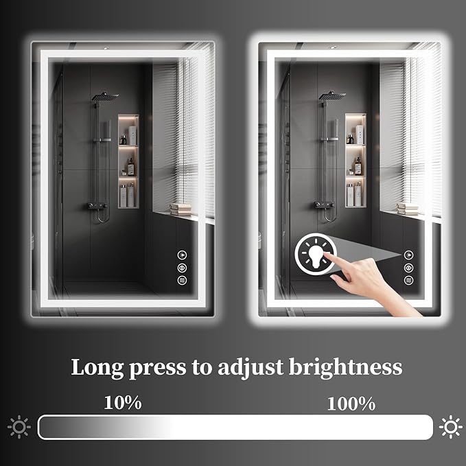 Koonmi 36x55 LED Bathroom Mirror, Backlit + Front Lit, LED Bathroom Mirror with Lights for Wall, 3 Colors, Anti-Fog, Dimmable Brightness, Memory Function, Tempered Glass