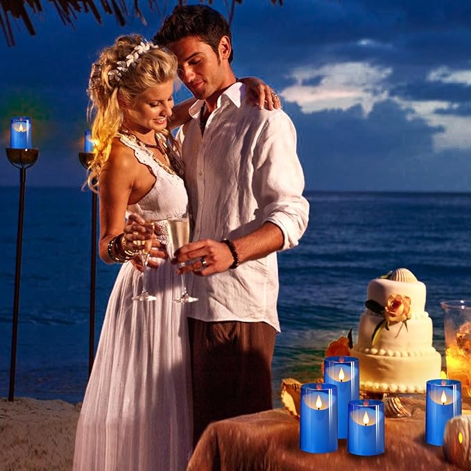 NURADA Flameless Candles: LED Pillar Acrylic Electric Battery Candles with Remote and Timer for Wedding Party Home Valentine Romantic Decor - Pack of 3 Blue