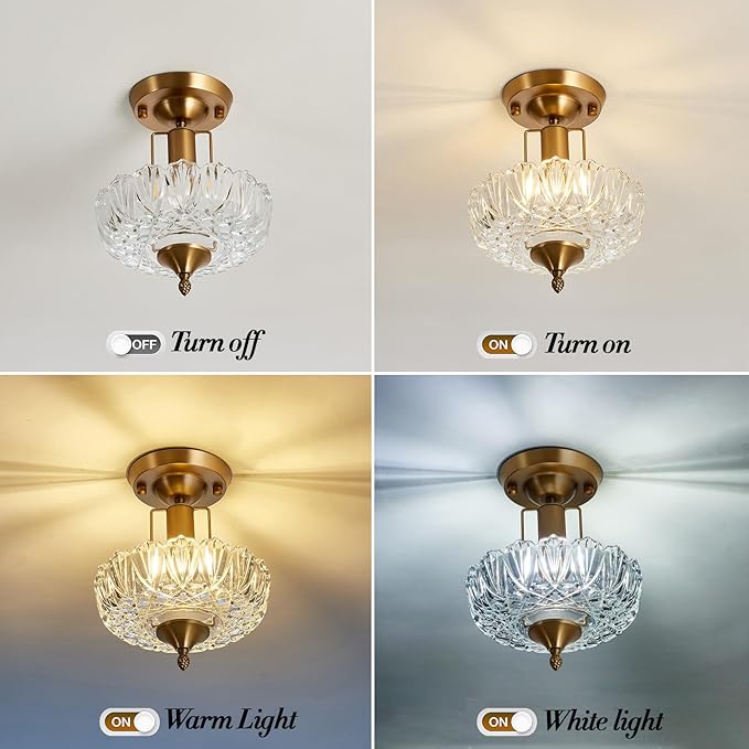 UOFUS Vintage Gold Semi Flush Mount Ceiling Light Fixture with Clear Glass Shade Antique Brass Small Chandelier Flower Close to Ceiling Light for Hallway Entryway Bedroom Porch Foyer Corridor Kitchen