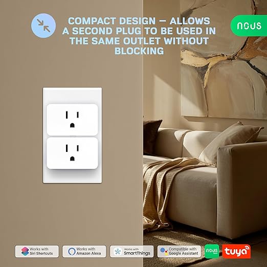 NOUS Wi-Fi Smart Plug 15A, Dual-Band 2.4GHz & 5GHz, Energy Monitoring, Compatible with Alexa, Google Home, Tuya Smart App, Remote Control, Timer, Compact Design, Smart Outlet, 2 Pack
