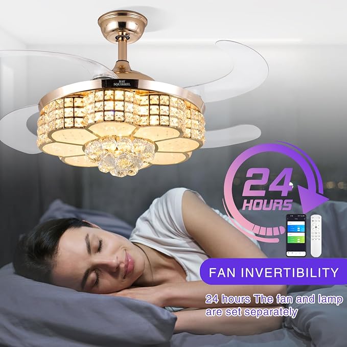 BAYSQUIRREL Retractable Crystal Ceiling Fan with Light, Bluetooth Ceiling Fan with Speaker, RGB-LED Light 6 Speed Reversible Low Profile Modern Invisible Ceiling Fan,Remote and APP Control