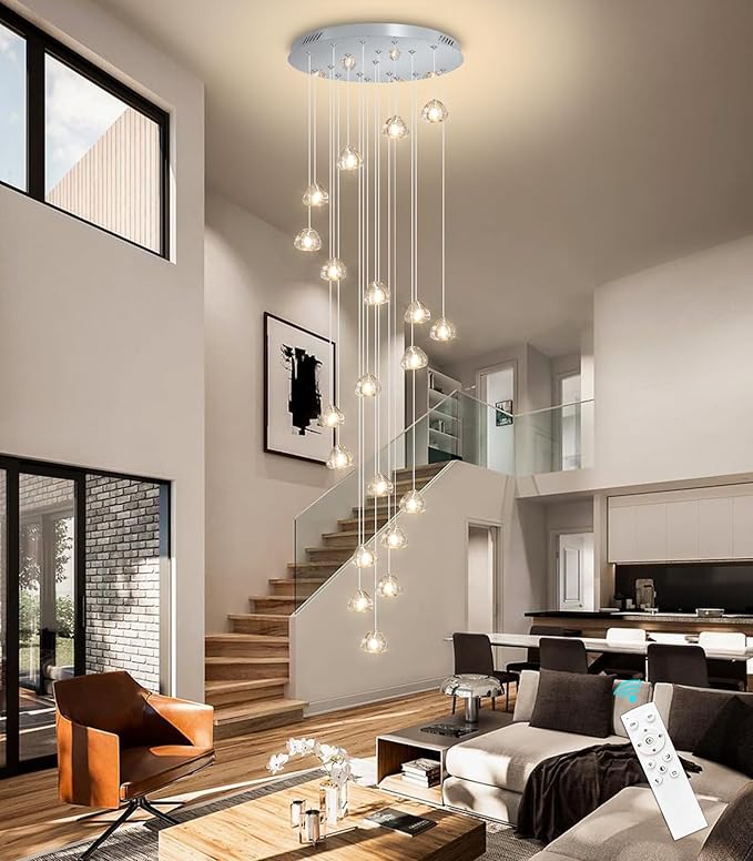 20-Lights Modern Chandeliers for Living Room Long Light High Ceiling Pendant Lights LED Dimmable Lighting Fixtures Chandelier for Foyer Entryway Polished Chrome Sloped Ceiling Install