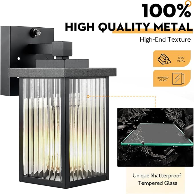 2 Pack Dusk to Dawn Outdoor Lighting, Modern Wall Sconce with Textured Glass, Waterproof IP65 Exterior Light Fixture, Soft Glow Warm Ambiance for Front Door Porch Garage, 10.6 Inch Height, Black
