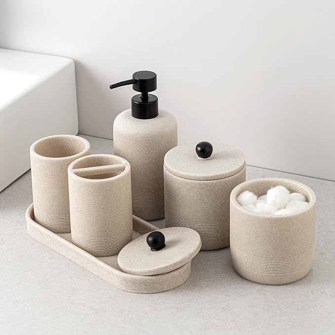 Bathroom Accessories Set, 6 PCS Modern Bathroom Accessory Set with 15.2 OZ Soap Dispenser, Toothbrush Holder, Vanity Tray, Tumbler, 2 PCS Qtip Holders (Beige)