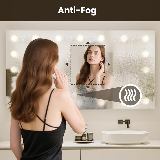 WTTY LED Bathroom Mirror with Lights 60"x36" Hollywood Wall-Mounted Mirror with 3 Color Temperatures, Stepless Dimmable Bulbs, Anti-Fog & Shatter-Proof