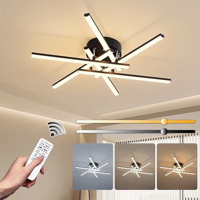 Modern LED Ceiling Lights - Dimmable with Remote, 24in Black Flush Mount Fixture for Living Room, Bedroom, Kitchen, Dining Room