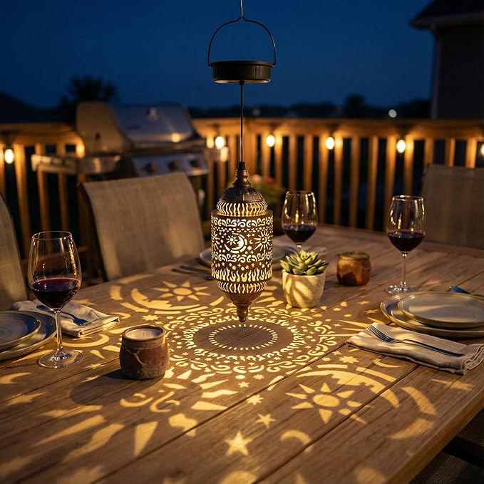 Moroccan Hanging Solar Lights Outdoor Garden Decor Sun and Moon Decorations Solar Lantern Waterproof for Patio Pathway Yard Backyard Garden Decorative (Cylinder, 2)