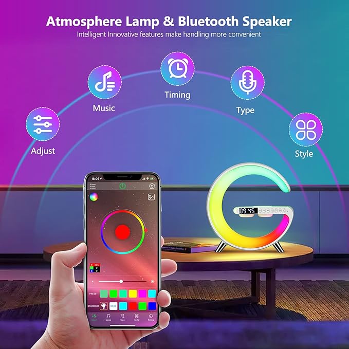 Wireless Charger Atmosphere Lamp, 2026 New Intelligent LED Table Lamp, Bluetooth Speaker, Dimmable Night Light Bedside Lamp Alarm Clock with Music Sync, App Control for Bedroom Home Decor Gift (White)