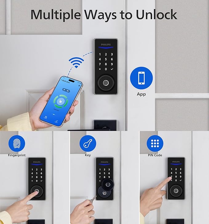 Philips Wi-Fi Smart Door Lock, Keyless Entry Door Lock with App Control,Fingerprint ID,Auto Lock,Keypad Deadbolt with Wi-Fi Bridge Adaptor