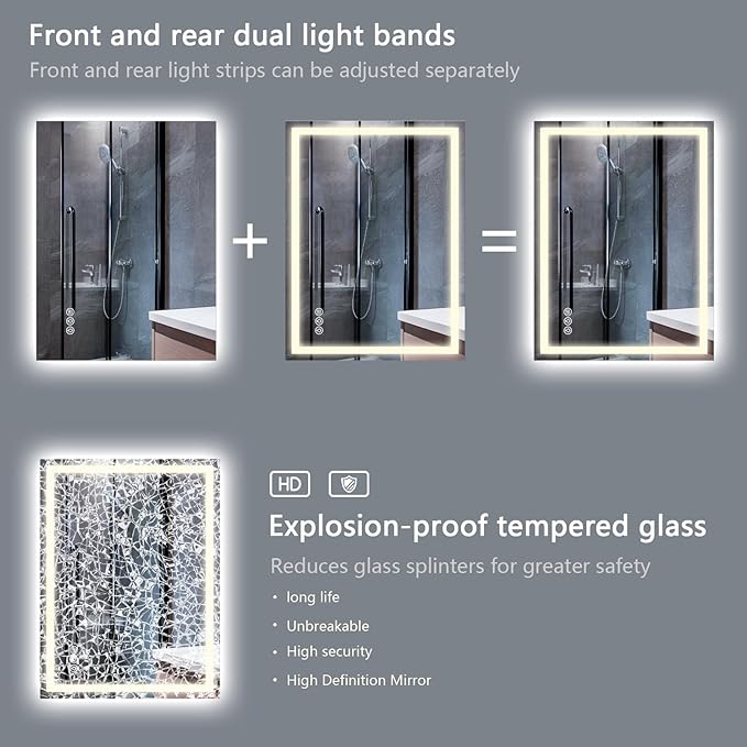 Led Bathroom Mirror with Light 24"x32" Frameless Lighted Vanity Mirror Wall Mount, Fogless, 3 Color Mode, Stepless Dimmable Front Light and Backlit, Smart Touch Sensor, Tempered Glass