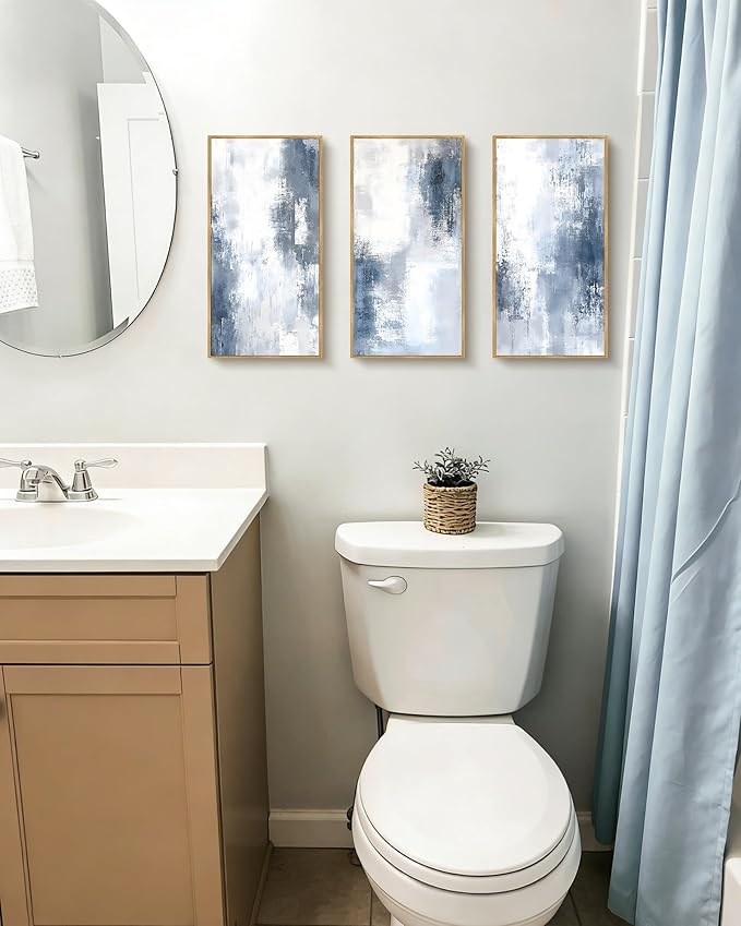 KUVIOKE Abstract Wall Art Blue Gray White Minimalist Painting Modern Decor Bedroom Living Room Ready to Hang 8x16in3pcs Natural Framed