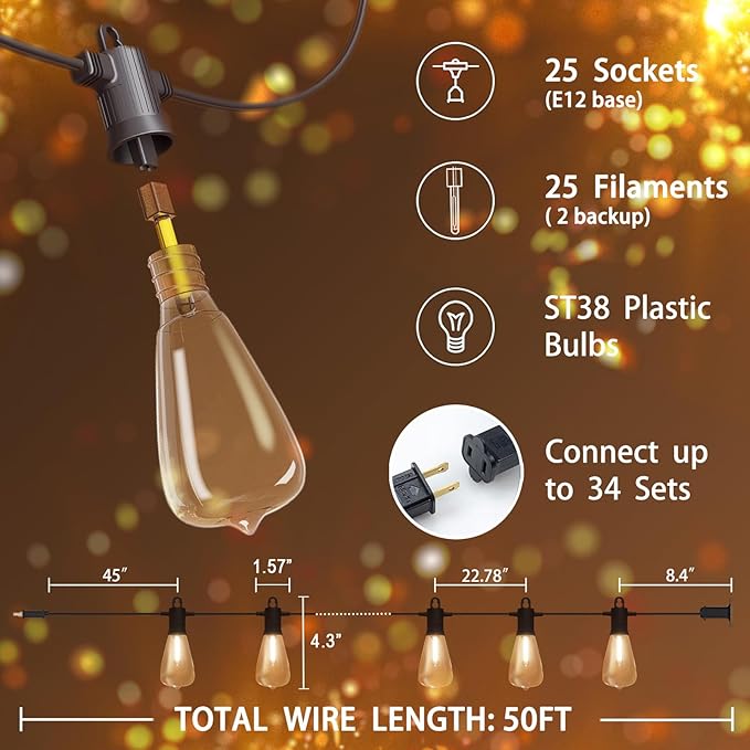 LED Outdoor String Lights 50FT, Waterproof Patio Lights with 27 (25+2 Spare ST38 Shatterproof Replaceable Bulbs), Connectable Dimmable Outside Hanging Light for Porch Garden Deck Bistro Backyard