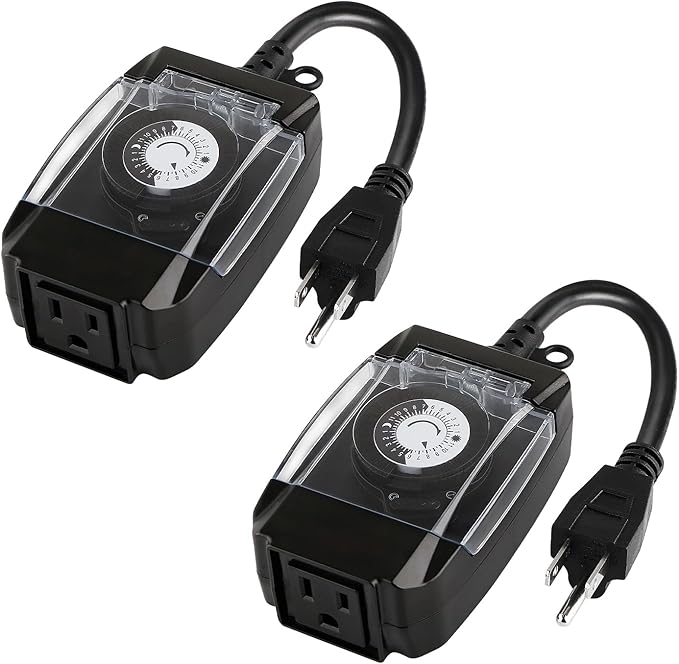 Outdoor Timer Outlet Waterproof, 24 Hour Mechanical Timer Outlet for Home and Garden, Single Grounded, 15A 3/4HP, Black, 2 Pack