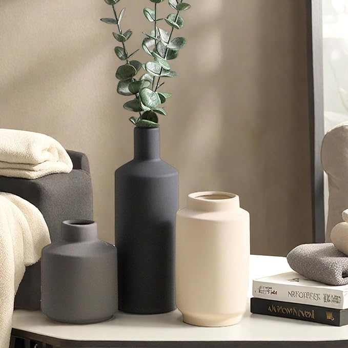 Modern Ceramic Vase Set, Neutral Decorative Vases for Home Decor, Small Flower Pottery Vase Sets for Pampas Grass Dried Flowers, for Living Room, Mantel, Shelf, Bedroom, Bathroom