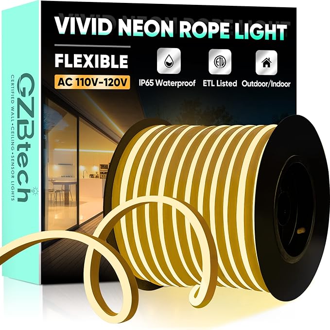 GZBtech Flexible LED Neon Rope Lights 132FT,AC 110-120V Waterproof Strip Light, 2800K Cuttable Connectable Neon Lighting for Indoor Outdoor Home Decor/Commercial Use-Warm White 40M, ETL Listed
