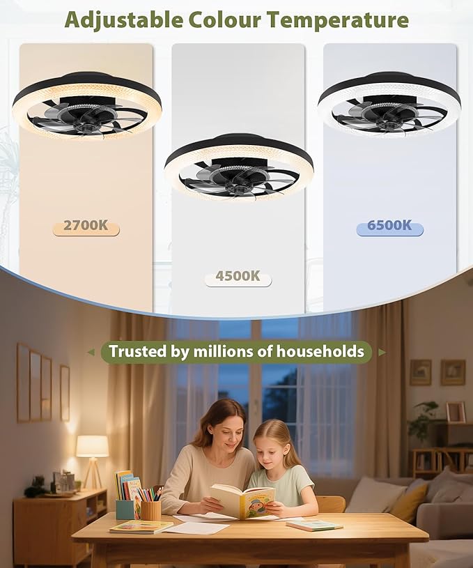 2 in 1 Wifi RGB-LED 20” Ceiling Fans with Lights and Remote, 3000-6500K Dimmable Flush Mount Smart Low Profile Ceiling Fan with Lights, Bluetooth Bladeless Fans with APP, for Bedroom, Black