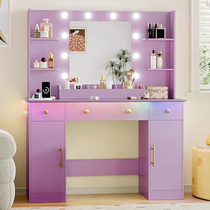 Vanity Desk with Mirror and Lights, 43'' Makeup Dressing Table Set with 5 Drawers & Power Outlet, 3 Lighting Modes Brightness Adjustable, Vanity with RGB Ambient Light for Women Girls Bedroom, Purple
