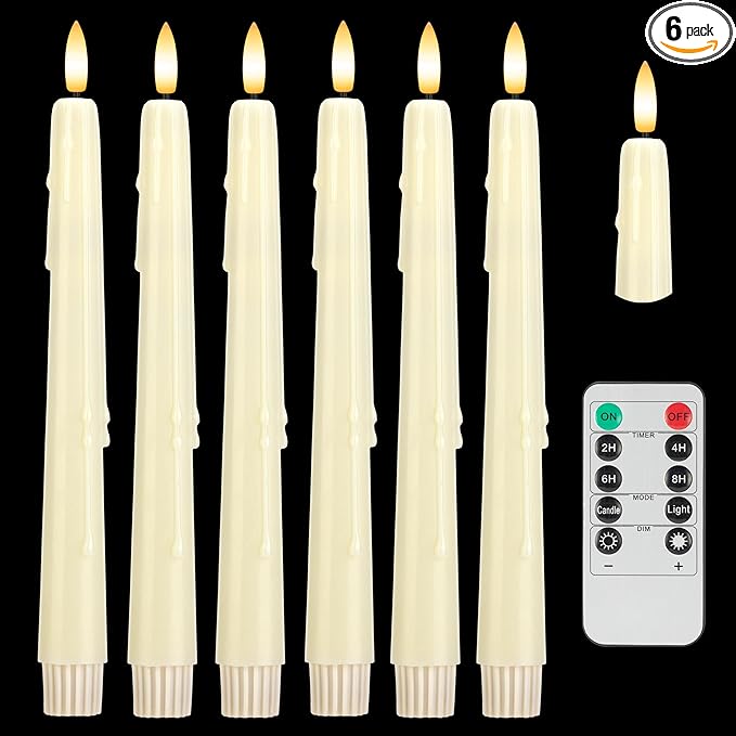 Dripless Real Wax Flameless Taper Candles with Remote Timer,Battery Operated LED Candles Set with 3D Flickering Flame,9.6" Realistic Dripless Candlesticks for Wedding Home Decor,6 Pack Ivory