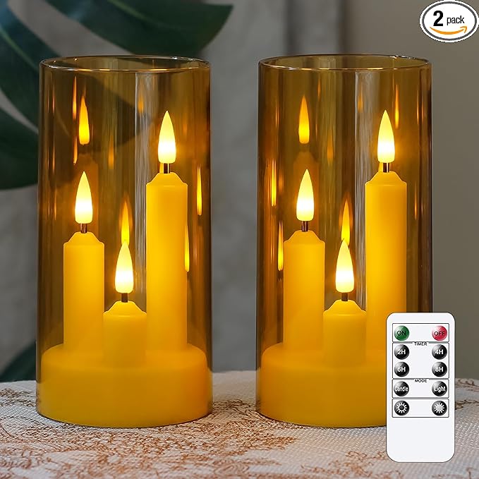 3 in 1 Flameless Taper Short Candles with 10 Key Remote Control and Timer, Battery Operated Pack of 2 LED Acrylic 3" x6" Amber Pillar Flickering Warm Light
